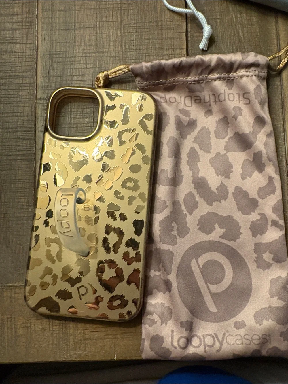 iPhone 13 Loopy Case Gold metallic Print with Clear Hand Strap- right handed